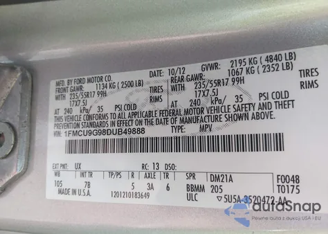 2013 Ford Escape Se from USA, damaged, VIN 1FMCU9G98DUB49888